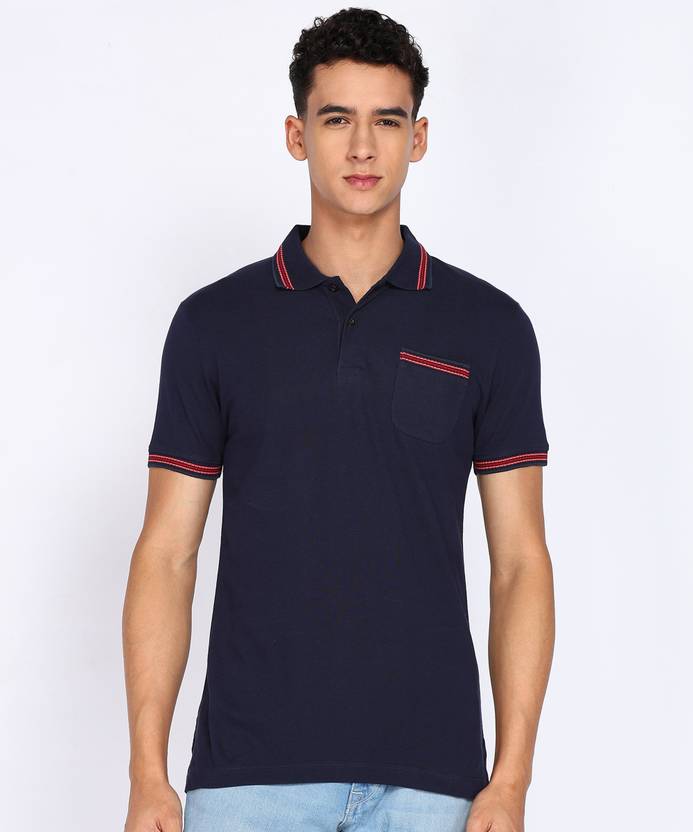 MUFTI Men Solid Polo Neck Pure Cotton Dark Blue T-Shirt
