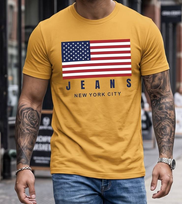 Royal spin Men Printed Round Neck Cotton Blend Yellow T-Shirt