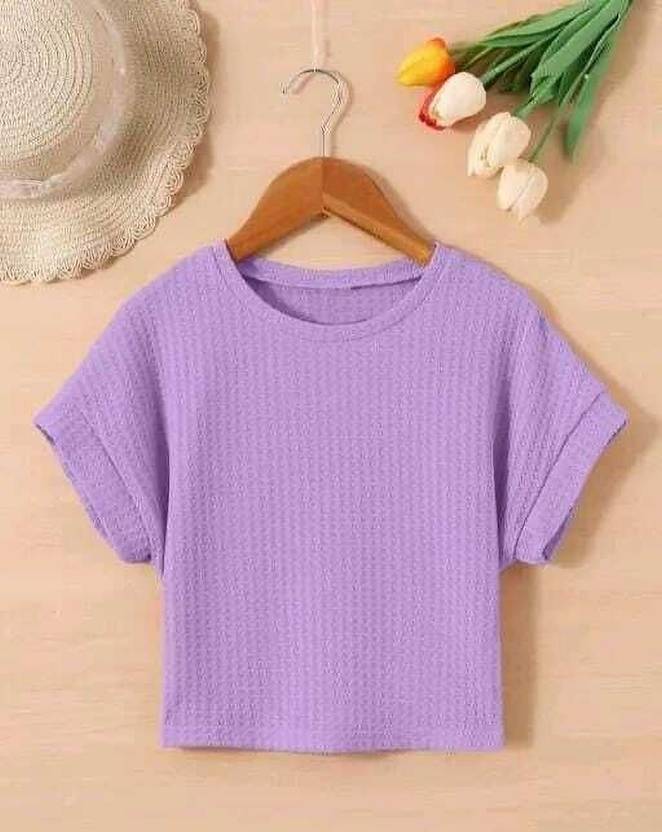 2013 USK COLLECTION Women Solid Round Neck Cotton Blend Purple T-Shirt
