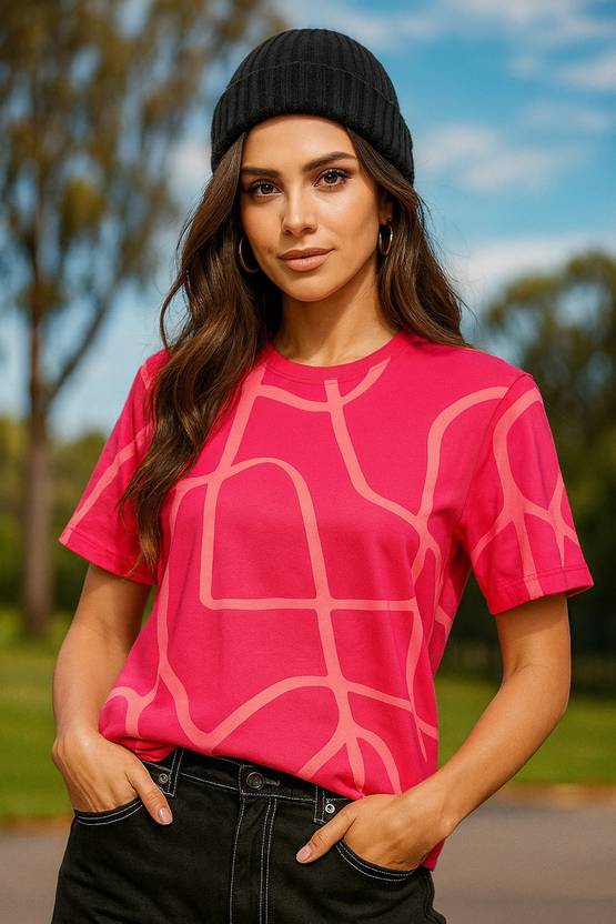 CORSICA Women Printed Round Neck Pure Cotton Pink T-Shirt