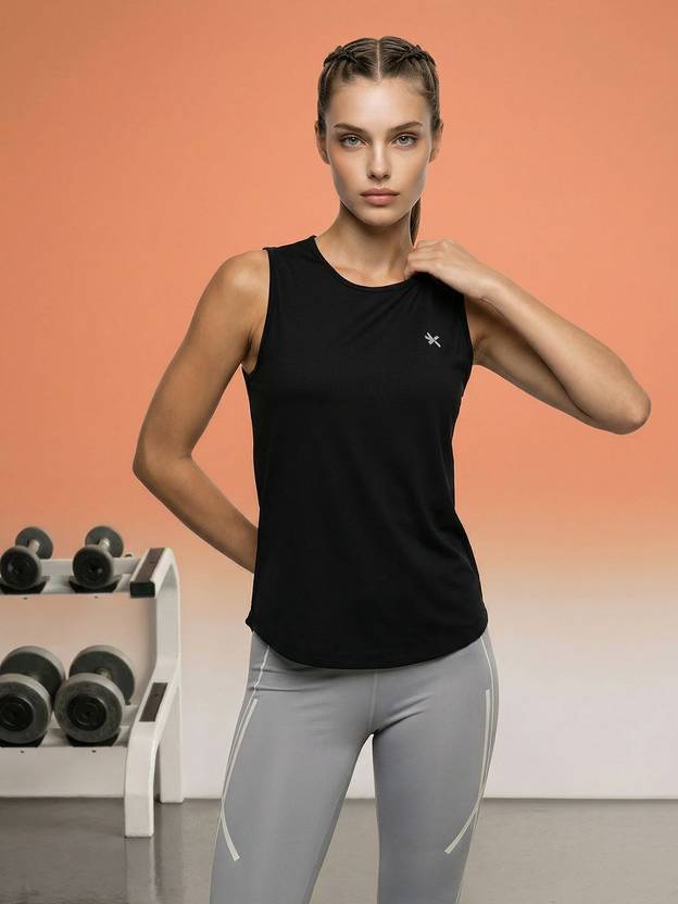 HRX by Hrithik Roshan Women Solid Round Neck Polyester Black T-Shirt