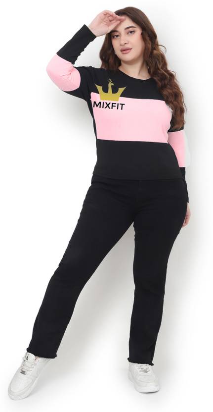 MIXFIT Typography, Colorblock Women Cowl Neck Pink, Black T-Shirt