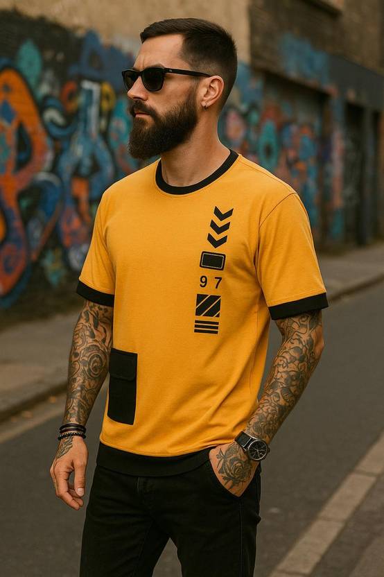 Austivo Men Printed Round Neck Cotton Blend Yellow T-Shirt