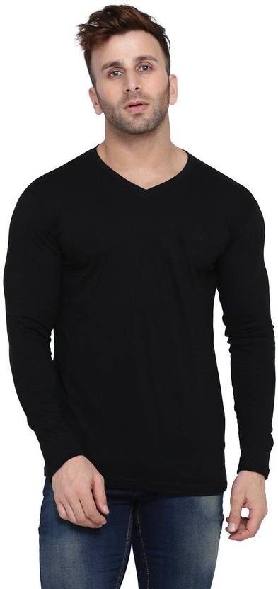 Blisstone Men Solid V Neck Cotton Blend Black T-Shirt