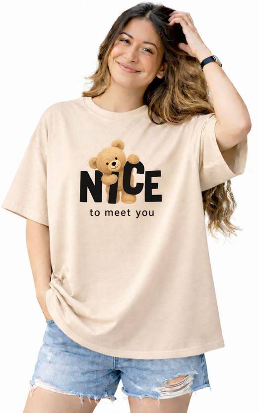 Stem Rope Women Printed Round Neck Cotton Blend Beige T-Shirt