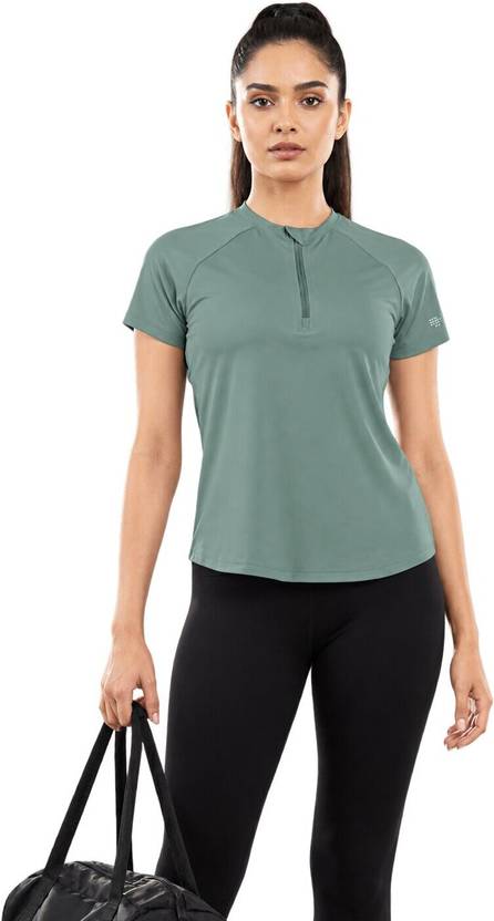 Fitkin Women Solid Round Neck Nylon Green T-Shirt