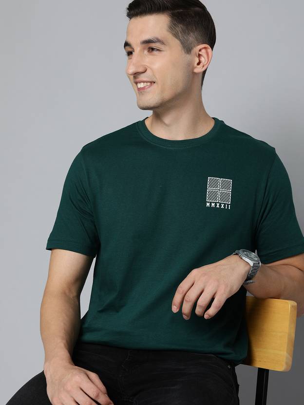 HERE&NOW Men Printed Round Neck Pure Cotton Green T-Shirt