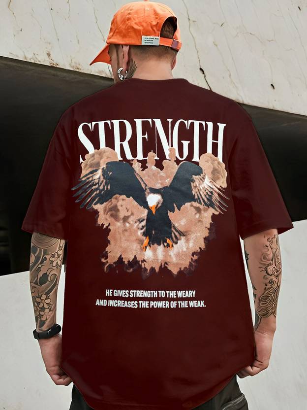 LEWEL Men Animal Print, Graphic Print Round Neck Cotton Blend Maroon T-Shirt