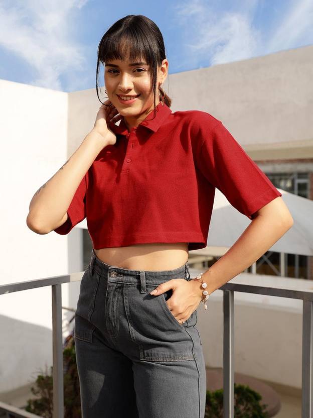 STREET9 Women Solid Polo Neck Pure Cotton Red T-Shirt