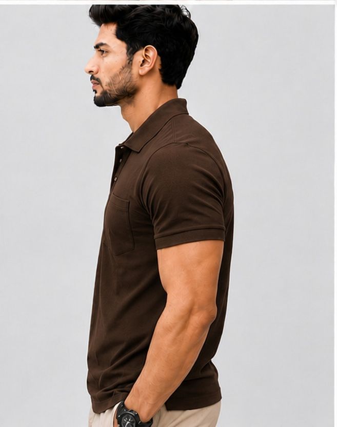 sports mtex Solid Men Polo Neck Brown T-Shirt - Image 3