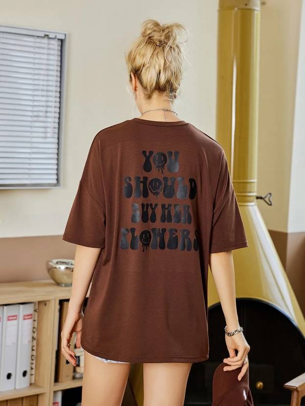 Christy World Women Printed, Typography Round Neck Pure Cotton Brown T-Shirt