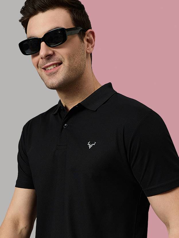 BRONATION Solid Men Polo Neck Black T-Shirt