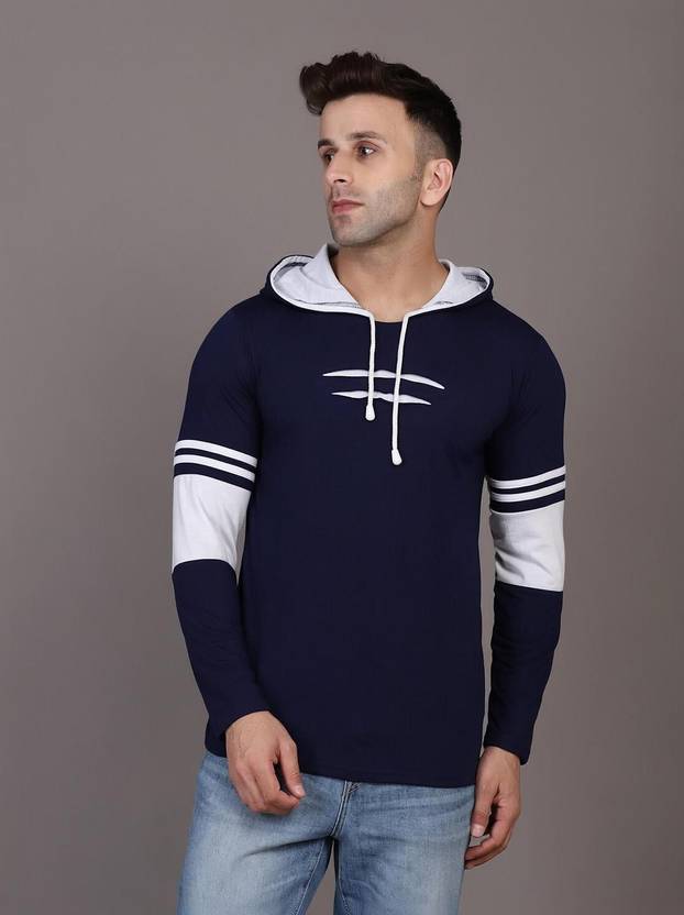 HIGHLANCE MENS-T-SHIRT Men Colorblock Hooded Neck Cotton Blend White, Blue T-Shirt