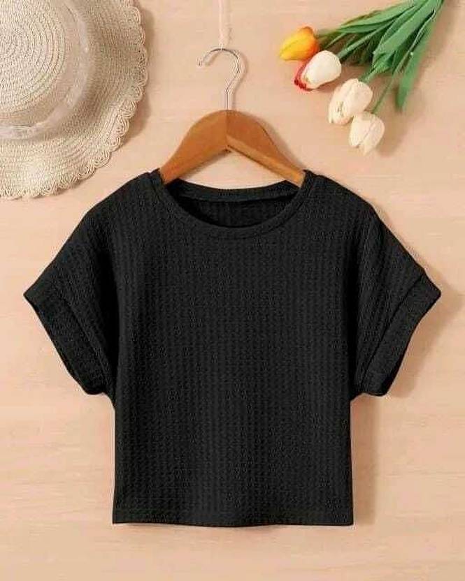 2013 USK COLLECTION Women Solid Round Neck Cotton Blend Black T-Shirt
