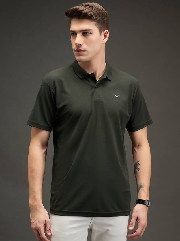 BRONATION Solid Men Polo Neck Dark Green T-Shirt