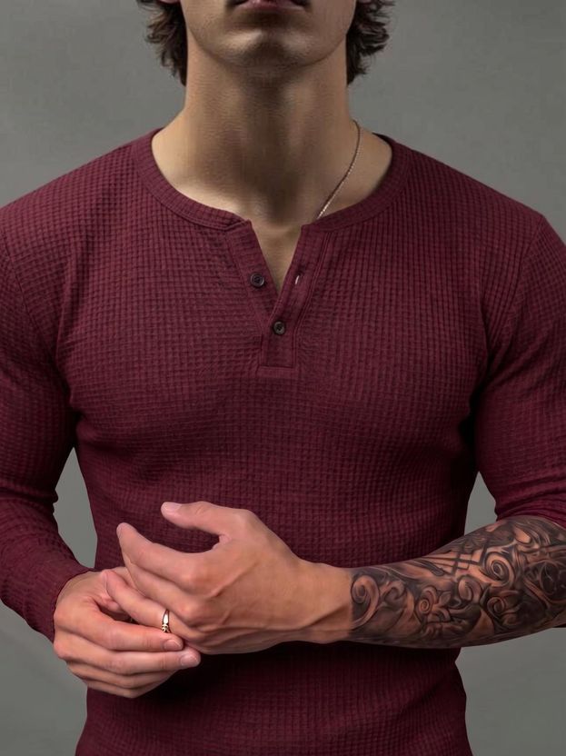 RABLY Men Maroon Henley Neck T-Shirt - Image 2