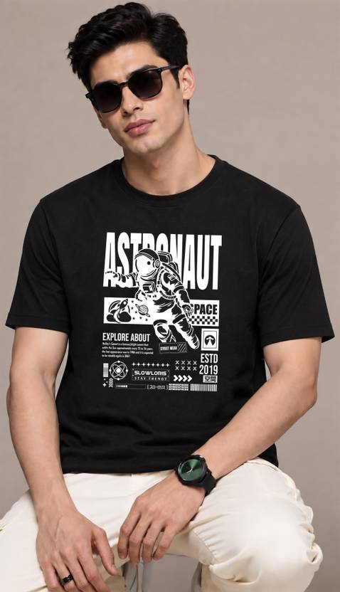 SLOWLORIS Men Printed Round Neck Cotton Blend Black T-Shirt