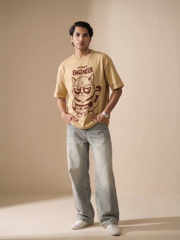 Feathers Clothing Men Printed Round Neck Cotton Blend Beige T-Shirt
