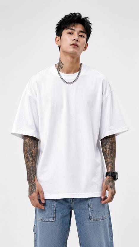 Styzon Men Solid Round Neck Pure Cotton White T-Shirt
