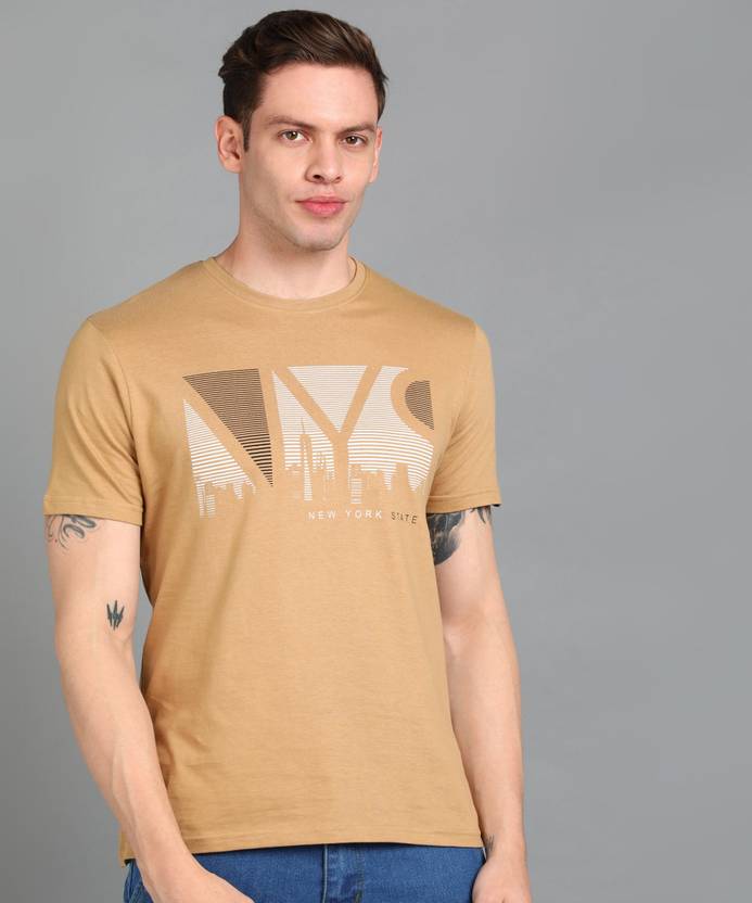 Urbano Fashion Men Printed Round Neck Pure Cotton Brown T-Shirt