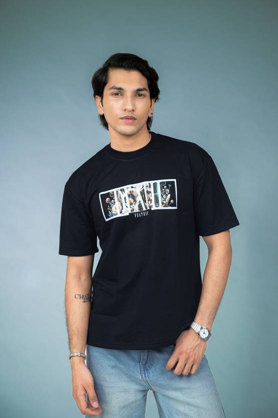 Feathers Clothing Men Typography, Printed Round Neck Polyester Black T-Shirt