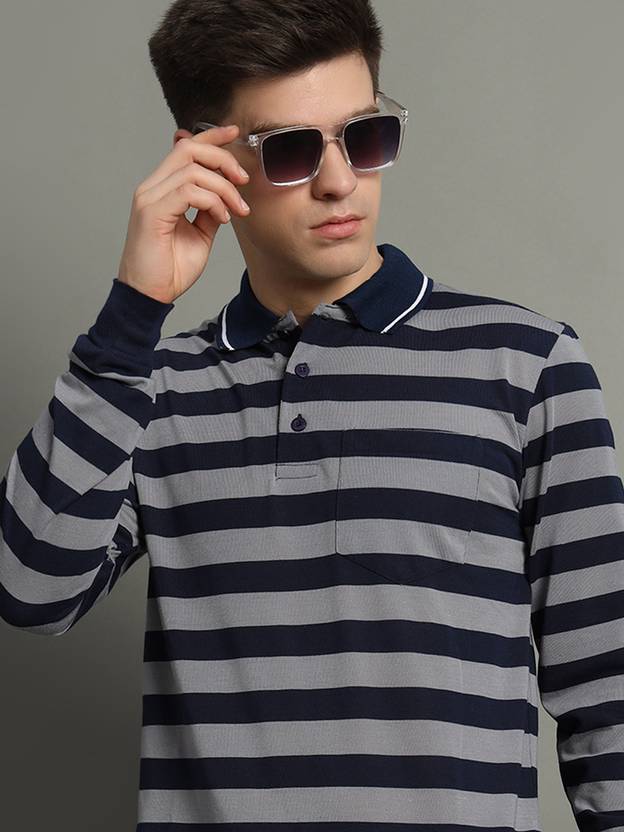 GETGOLF Men Striped Polo Neck Cotton Blend Dark Blue T-Shirt