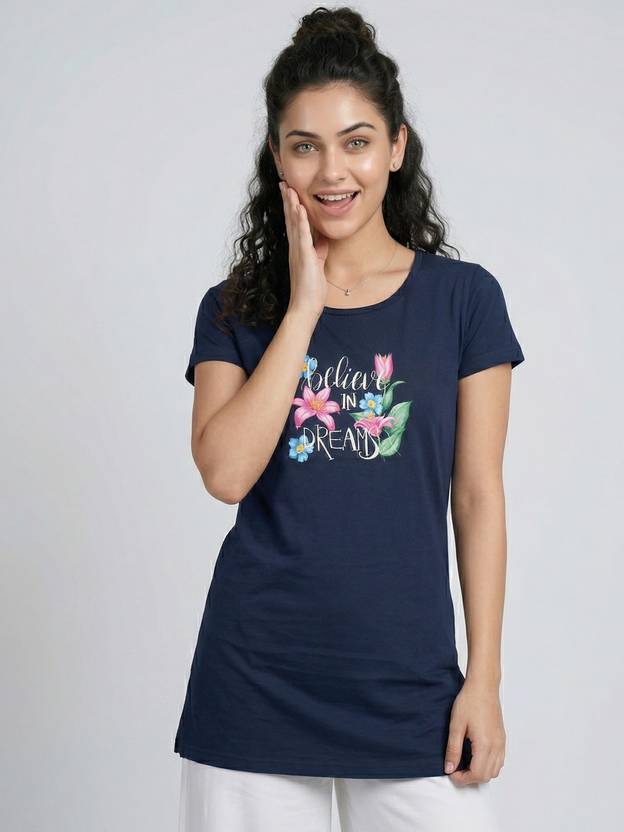 VERO AMORE Women Printed Round Neck Cotton Blend Navy Blue T-Shirt