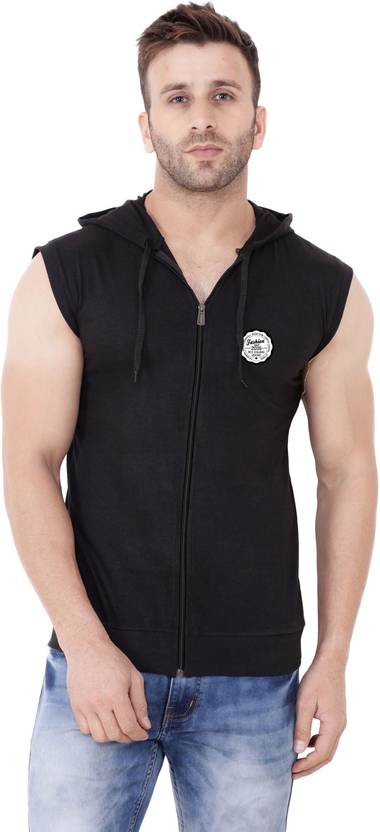 Blisstone Men Printed Hooded Neck Cotton Blend Black T-Shirt
