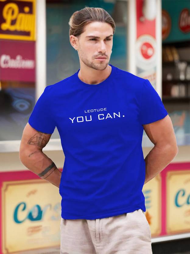 Leotude Men Printed Round Neck Polyester Blue T-Shirt