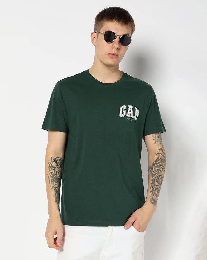 GAP Men Printed Crew Neck Pure Cotton Dark Green T-Shirt