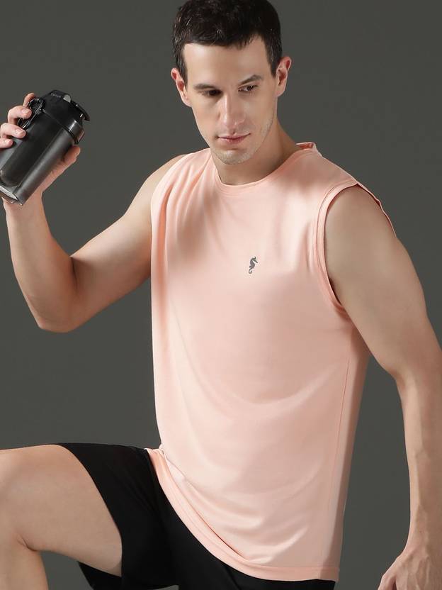 EPPE Peach Polyester Dry Fit Round Neck Sleeveless T-Shirt For Men Solid Round Neck Polyester Pink T-Shirt