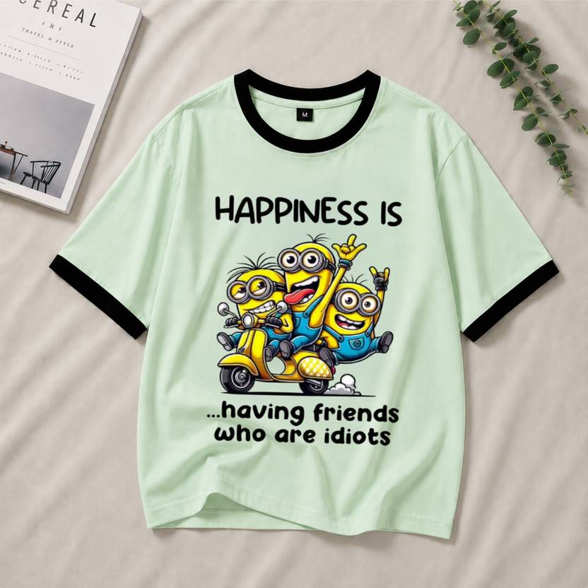 hkCreation Women Printed Round Neck Cotton Blend Light Green T-Shirt