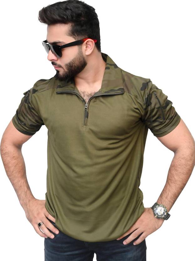 AZYXREN Men Self Design Zip Neck Cotton Blend Dark Green T-Shirt