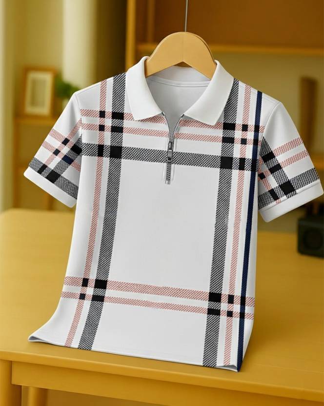 AUSK Men Checkered Polo Neck Cotton Blend White, Black T-Shirt
