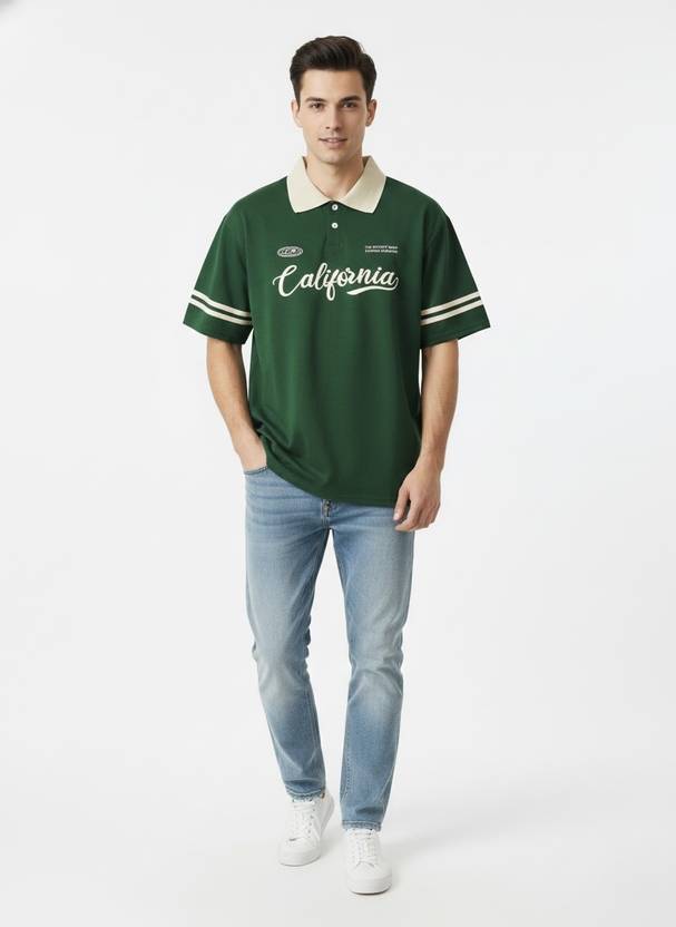 AVEJO Men Self Design Polo Neck Cotton Blend Green T-Shirt