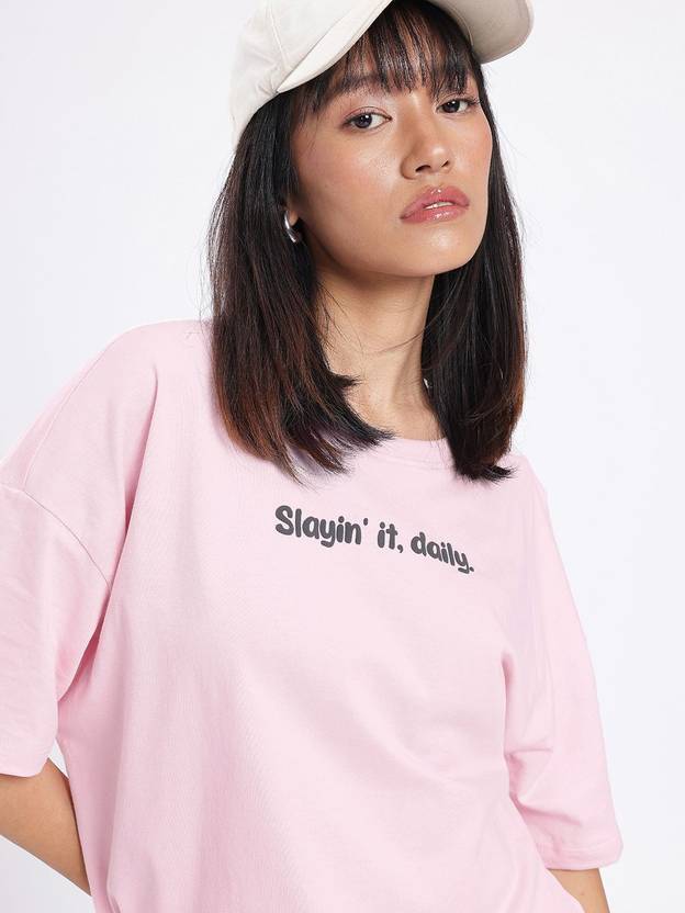 Glitchez Printed Women Round Neck Pink T-Shirt