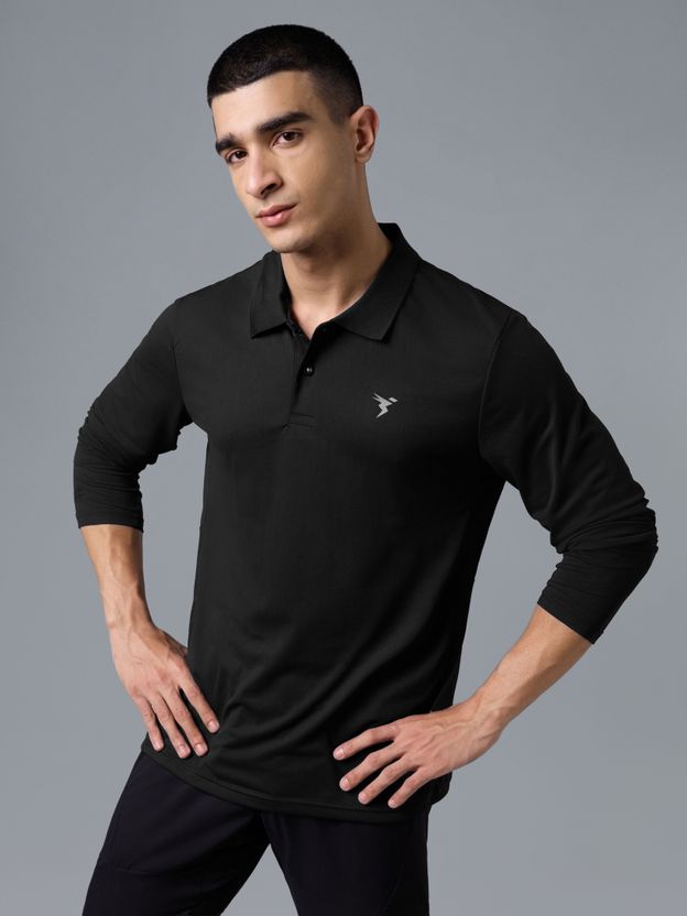 TECHNOSPORT Men Black Polyester Polo Neck T-Shirt - Image 1