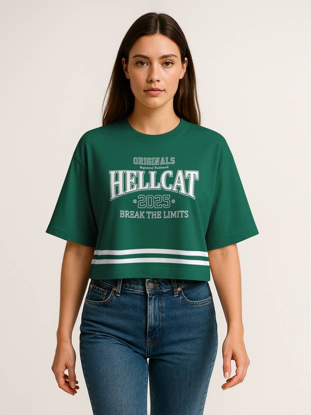 Hellcat Women Printed Round Neck Cotton Blend Green T-Shirt