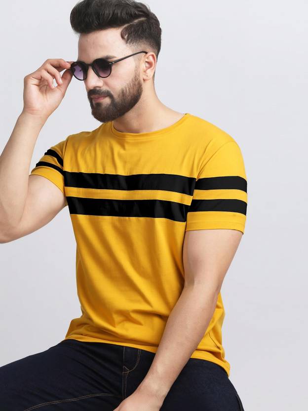 AUSK Men Striped Round Neck Cotton Blend Black, Yellow T-Shirt