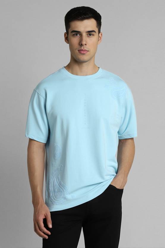 Simon Carter London Men Solid Crew Neck Cotton Blend Light Blue T-Shirt