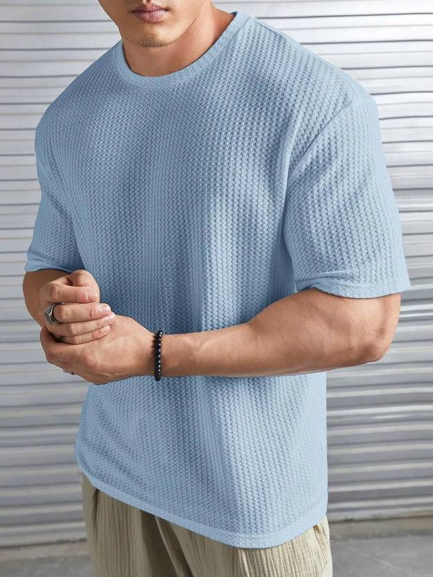 KAJARU Men Self Design Round Neck Polyester Blue T-Shirt