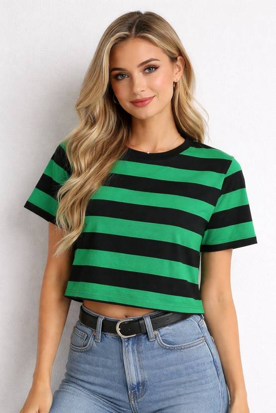 CORSICA Women Striped Round Neck Pure Cotton Green T-Shirt