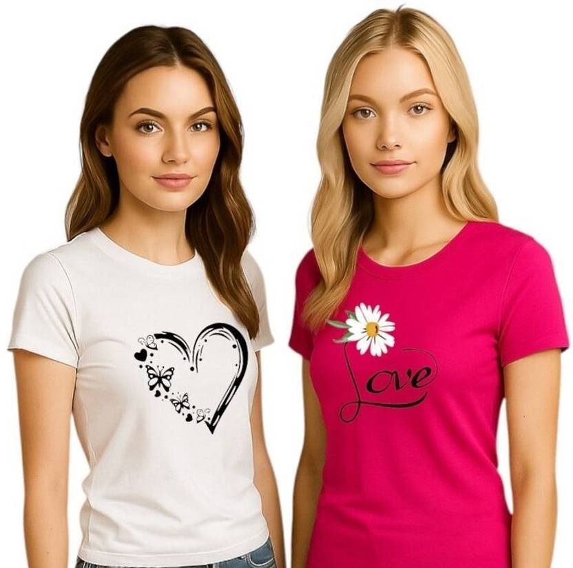 Attirea Pack of 2 Women Graphic Print Round Neck Polyester White, Pink T-Shirt