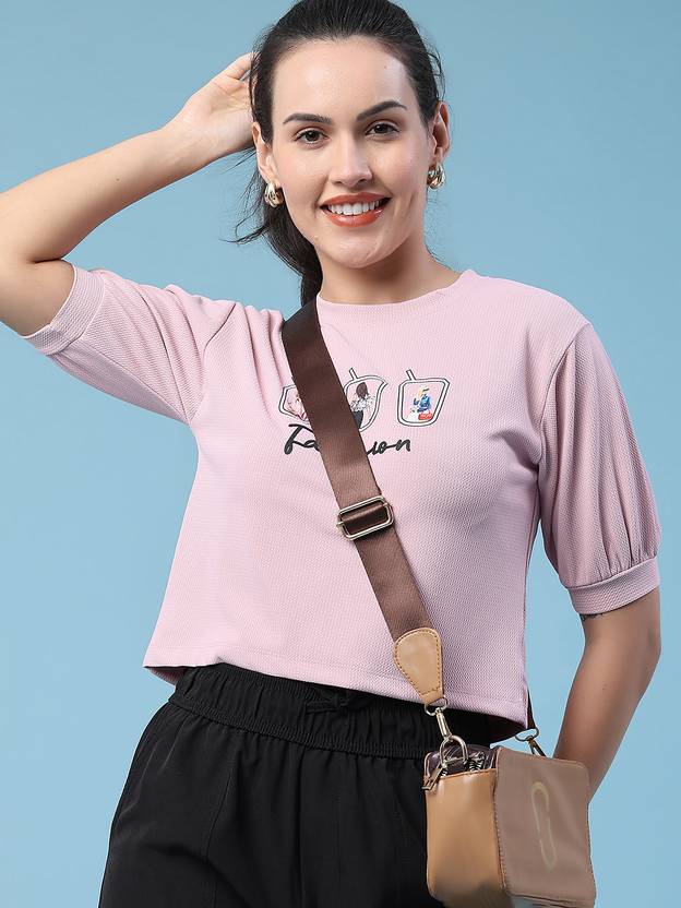 LIMEROAD Women Printed Round Neck Polyester Pink T-Shirt