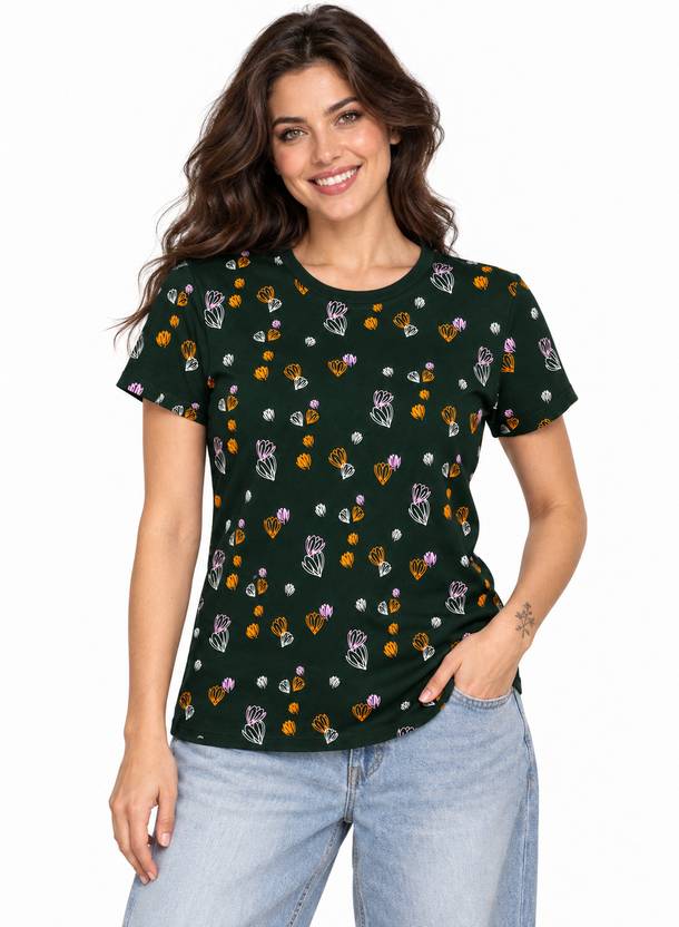 BNT Printed Women Round Neck Dark Green T-Shirt