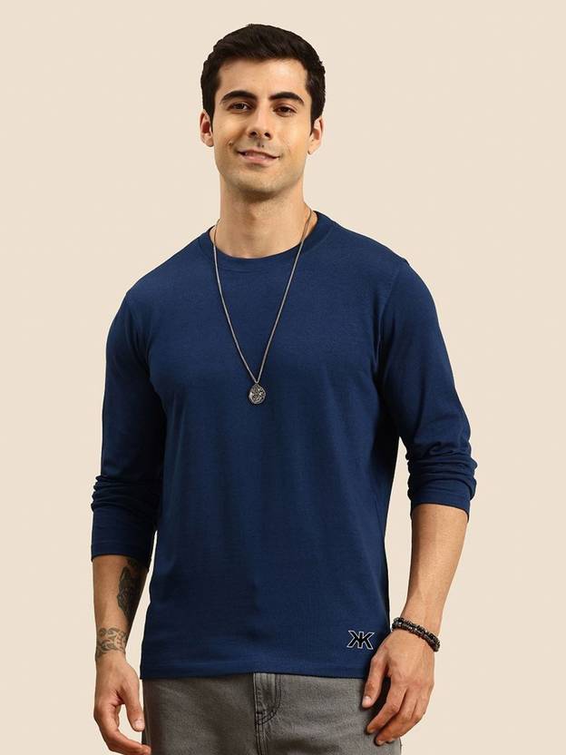 Kook N Keech Men Solid Round Neck Cotton Blend Blue T-Shirt