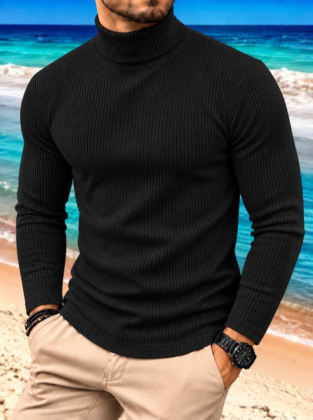 GARBLY Men Solid High Neck Cotton Blend Black T-Shirt