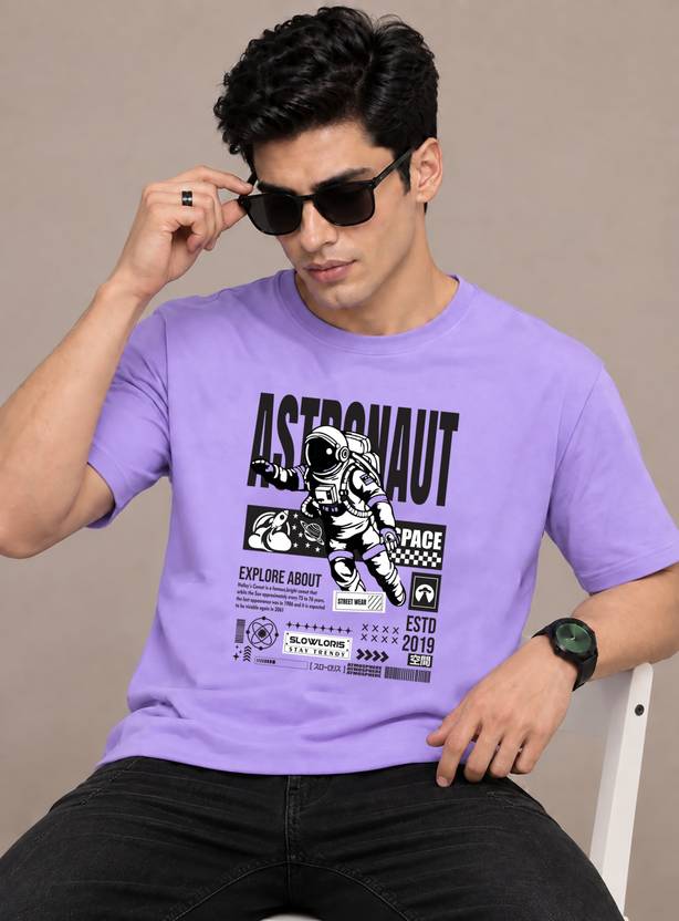 SLOWLORIS Men Printed Round Neck Cotton Blend Purple T-Shirt