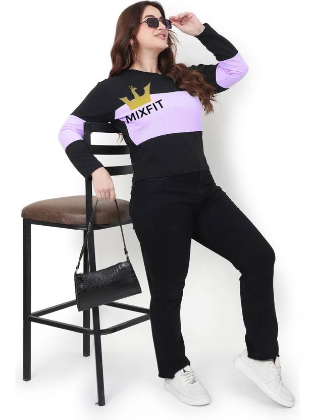 MIXFIT Solid Women Cowl Neck Purple, Black T-Shirt