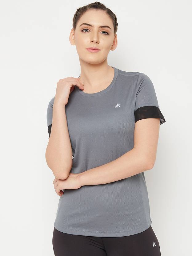 ATHLISIS Women Striped Round Neck Polyester Grey T-Shirt